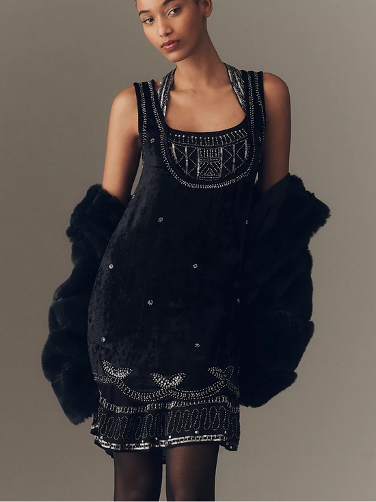 Anthropologie Dresses & Skirts - Anthropologie Black Embellished Beaded Velvet Mini Dress